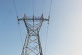 A concrete electric pole with steel cables in blue sky