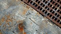 The concrete floors show signs of wear and tear with small cracks and imperfections visible. Rusty metal grates cover