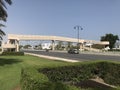 Concrete flyover across Muscat express highway tarmac roads at Oman with less vehicles traffic due to corona virus pandemic and