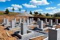 Concrete foundation pillars on a construction site under a bright blue sky Royalty Free Stock Photo