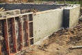 Concrete foundation with reinforcement and metal slab. Construction site, process of house building. Formwork for foundation. New Royalty Free Stock Photo