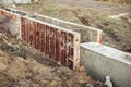 Concrete foundation with reinforcement and metal slab. Formwork for foundation. Construction site, process of house building. New Royalty Free Stock Photo