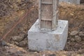 Concrete foundations and steel concrete formwork.For a new single house under construction.Red yarn