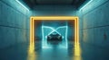 Concrete futuristic garage background, car inside modern underground room with blue yellow neon light. Concept of warehouse,