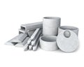 Concrete goods production: stack of concrete tubes, piles, pads, tunnel elements and lids ,