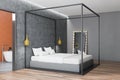 Concrete and gray bedroom with mirror