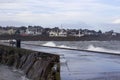 The concrete honeycomb structure of the seaward side of the North Pier in Bangor County Down in Northern Ireland being battered du