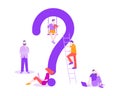 A concrete illustration depicting the search for answers to a question.Flat women and men with ladder, book, laptop on Royalty Free Stock Photo