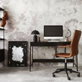 Concrete interior of home office with black desk, brown armchair, computer screen, office accessories and lamp. Rack with personal Royalty Free Stock Photo