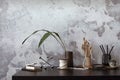 Concrete interior of home office with desk, leaves and office accessories. Grey concrete wall. Home decor. Template