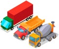 Concrete mixer, closed trailer truck and dump truck. Vehicle for transporting goods worldwide Royalty Free Stock Photo