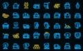 Concrete mixer icons set outline vector. Cement truck vector neon