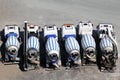 Concrete mixer machines stand on asphalt Royalty Free Stock Photo