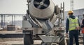 Concrete Mixer Pouring Wet Cement into Wheelbarrow at Construction Site, Workers Observing Process Under Bright Daylight Royalty Free Stock Photo