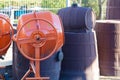 Concrete mixer for sale based on building materials. Selective focus. Blurred background Royalty Free Stock Photo
