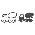 Concrete mixer truck line and solid icon. Heavy machine, cement blender vehicle symbol, outline style pictogram on white