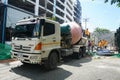 Concrete mixer truck are loading mortar to pour concrete columns for workers on construction site.