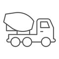 Concrete mixer truck thin line icon. Heavy machine, cement blender vehicle symbol, outline style pictogram on white