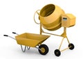 Concrete mixer and wheelbarrow