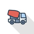 Concrete mixing truck thin line flat color icon. Linear vector symbol. Colorful long shadow design.