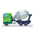 Concrete mixing truck vector. Flat design. Industrial transport. Construction machine. Green lorry with mixer pour out