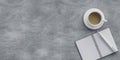 concrete office desk with notebook, pen and coffee cup top view shot on a grey concrete background 3d illustration render Royalty Free Stock Photo