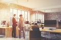 Concrete open space office interior, wood toned