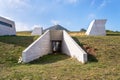 Concrete parts of Pavlov Archaeological park building on banks of Nove Mlyny water reservoir near Devicky castle ruins, South