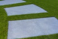 Concrete path on a green lawn