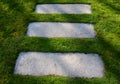 Concrete path lawn pedal rectangular shape in regular grid routed directly through beautiful lawn suns and shadows stone Royalty Free Stock Photo