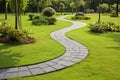 Concrete paving stone path in the park. Landscaping in the garden with a path lined with concrete tiles. Generative AI Royalty Free Stock Photo