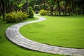 Concrete paving stone path in the park. Landscaping in the garden with a path lined with concrete tiles. Generative AI Royalty Free Stock Photo