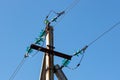 Concrete pillar of a power transmission line with wires close-up against a blue sky Royalty Free Stock Photo