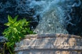 Concrete pipe transporting the poluted river in to a small pond, top view, green healthy vegetation Royalty Free Stock Photo