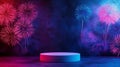 A concrete podium positioned against a night sky filled with vibrant exploding fireworks conveys a sense of excitement Royalty Free Stock Photo