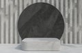 Concrete podium for product presentation and black rock circle on concrete wall background minimal style.,3d model and