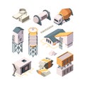 Concrete production. Cement factory industry material technology concrete mixer transport tanks vector isometric