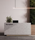 Concrete reception counter in modern room with light white walls. Blank registration desk in hotel, spa or office. Reception mock Royalty Free Stock Photo