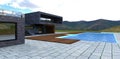 Concrete rectangular pavers in front of the pool of a compact villa finished in gray slate against the backdrop of mountain ranges