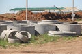 Concrete rings for sewerage construction. Royalty Free Stock Photo