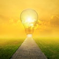 Concrete road and Big idea bulb in Grass fields and Sunset Royalty Free Stock Photo