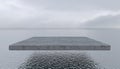 Concrete slab hovers in the air above a smooth surface of the water. Empty cement block flies over the sea or ocean in cloudy