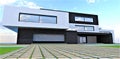 Concrete squre slabs as a pavement in front of the garage and the porch of the contemporary building finished with brick tile. 3d