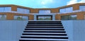 Concrete staircase to the futuristic woodwn facade house. Entrance to the building. Big panoramic windows. 3d render