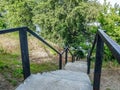 Concrete steps leading down to the beach, pond through the trees Royalty Free Stock Photo