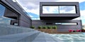 The concrete steps of stairs from exit to courtyard paved with gray stone slabs. 3d rendering
