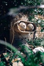 The concrete stone head of a Bender robot from the Futurama cartoon stands among green foliage