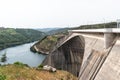 Concrete structure with arch of Aguieira dam with valley between the banks with Mondego river, Penacova PORTUGAL