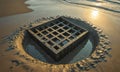 concrete structure with grid-like pattern is embedded in sandy beach, surrounded by small rocks and with Royalty Free Stock Photo