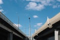 Concrete structure viaduct of the industrial area of the city during the day against a blue sky and clouds